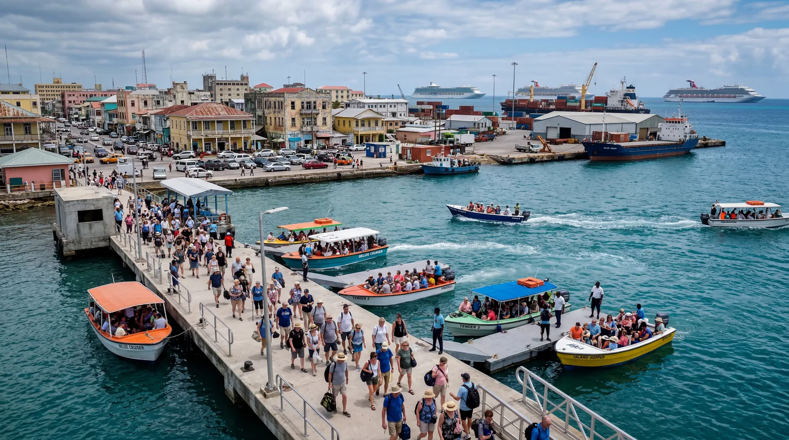 Realistic editorial photo of small tender boat beside cruise ship with passengers waiting near railings, calm blue water