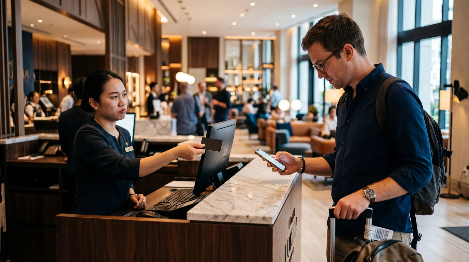 American guest on their phone while hotel staff tries to hand over room key, front desk, modern hotel lobby, slightly frustrated staff expression, warm editorial travel photography, photorealistic, no text, no watermark, 16:9
