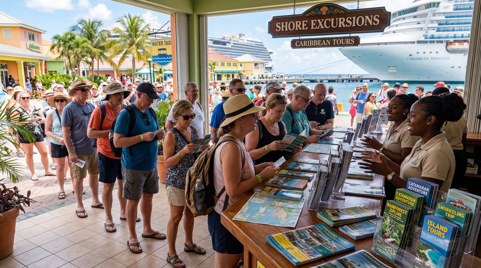 Realistic editorial photo of cruise port map, excursion brochure, coffee cup, and reading glasses on a cabin desk, brigh