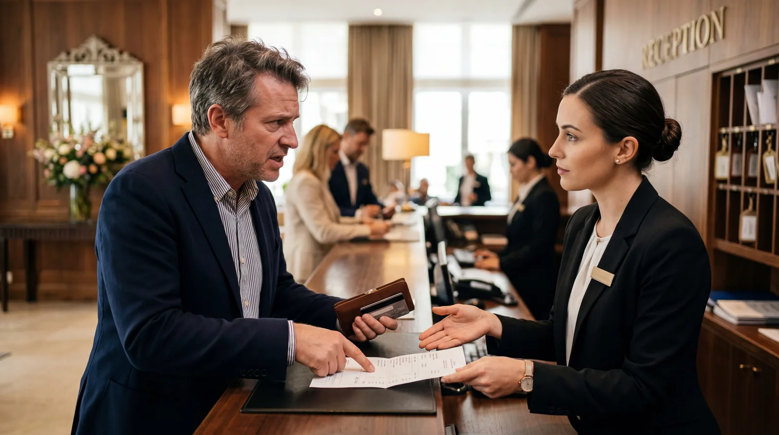 Frustrated American guest at hotel checkout pointing at a paper bill, front desk manager calmly explaining, upscale hotel, warm editorial travel photography, photorealistic, no text, no watermark, 16:9