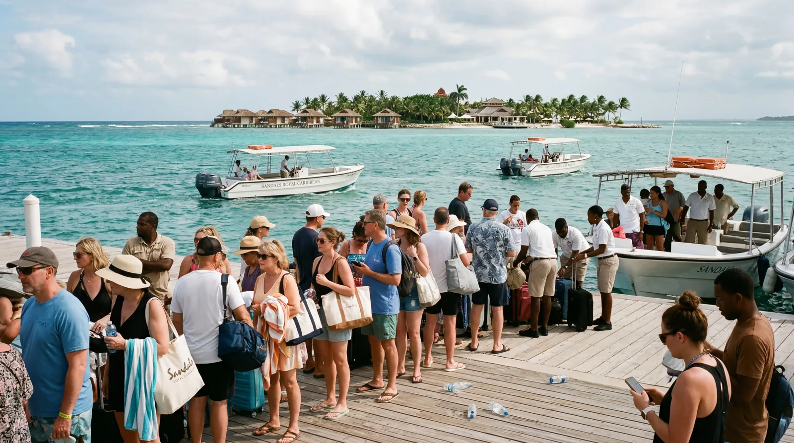Realistic editorial photo of a Caribbean resort restaurant reservation desk with menu stand, guests waiting, and evening
