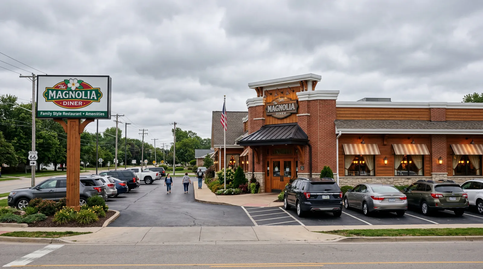 A family-style American restaurant exterior with roadside signage, parking lot visible, overcast day, photorealistic, no text, no watermark, 16:9