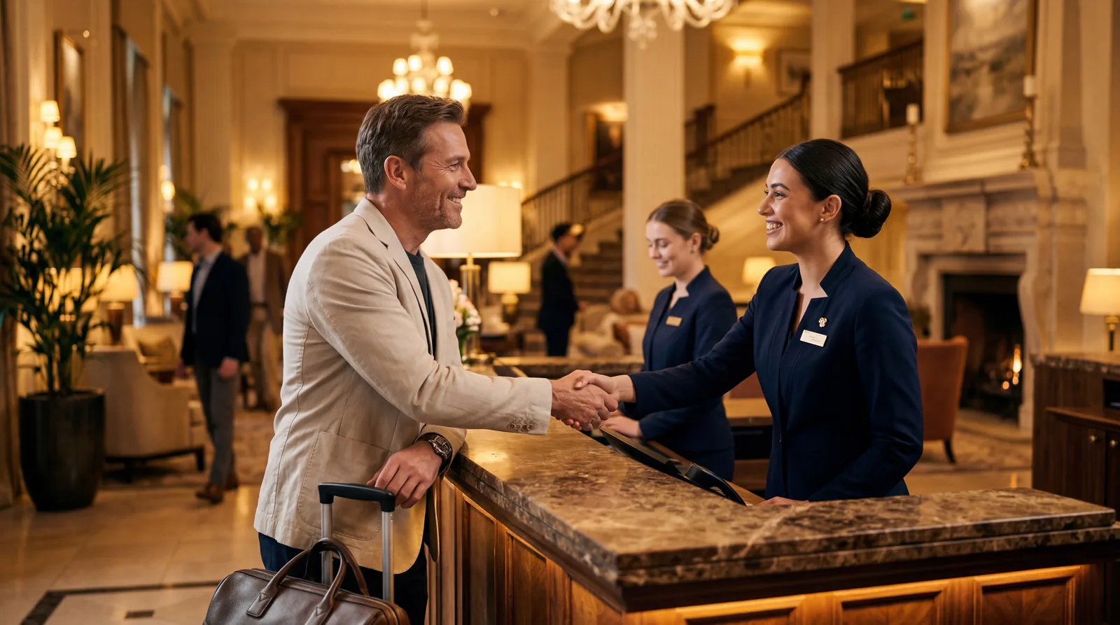 Hotel front desk agent receiving genuine warm thanks from a guest, both smiling, luxury hotel lobby with warm golden lighting, other staff in background, warm editorial travel photography, photorealistic, no text, no watermark, 16:9