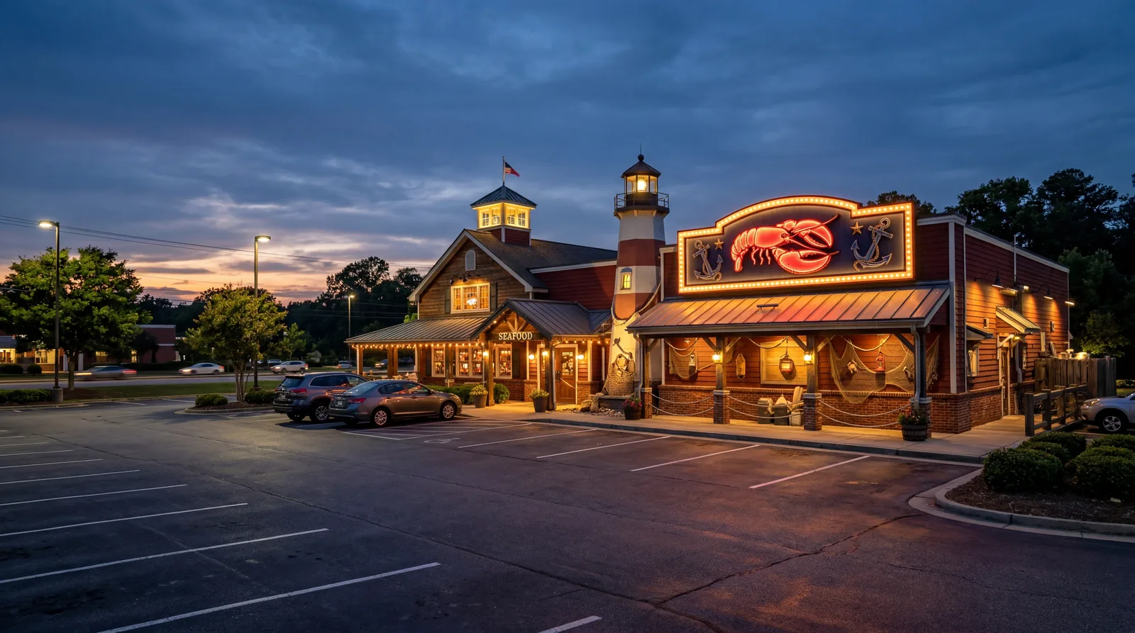 A Red Lobster-style seafood restaurant exterior at dusk with nautical-themed signage lit up, near-empty parking lot, photorealistic, no text, no watermark, 16:9