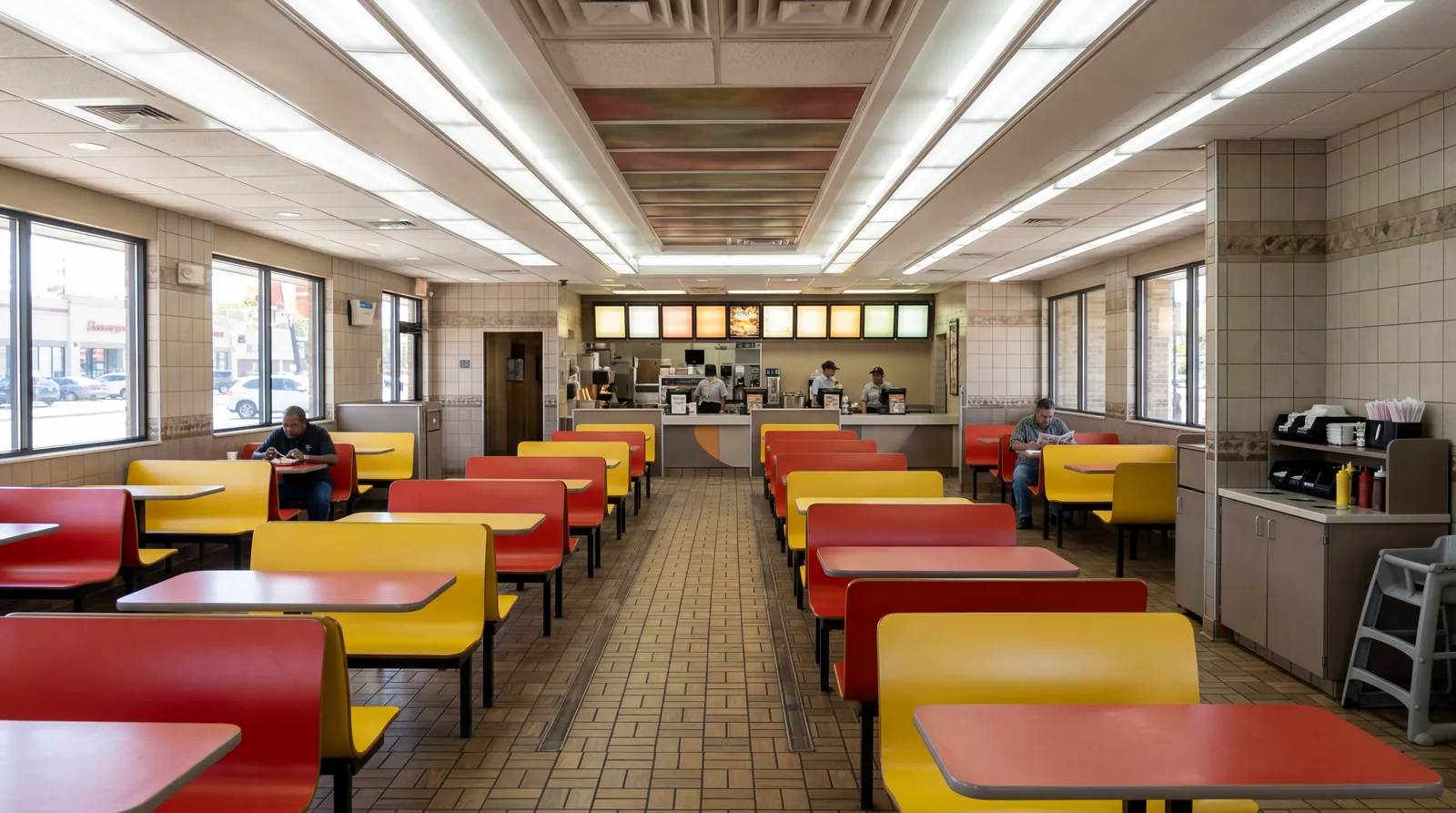 A McDonald's-style fast food restaurant interior at midday with plastic seating, fluorescent lighting, a largely empty dining room, photorealistic, no text, no watermark, 16:9