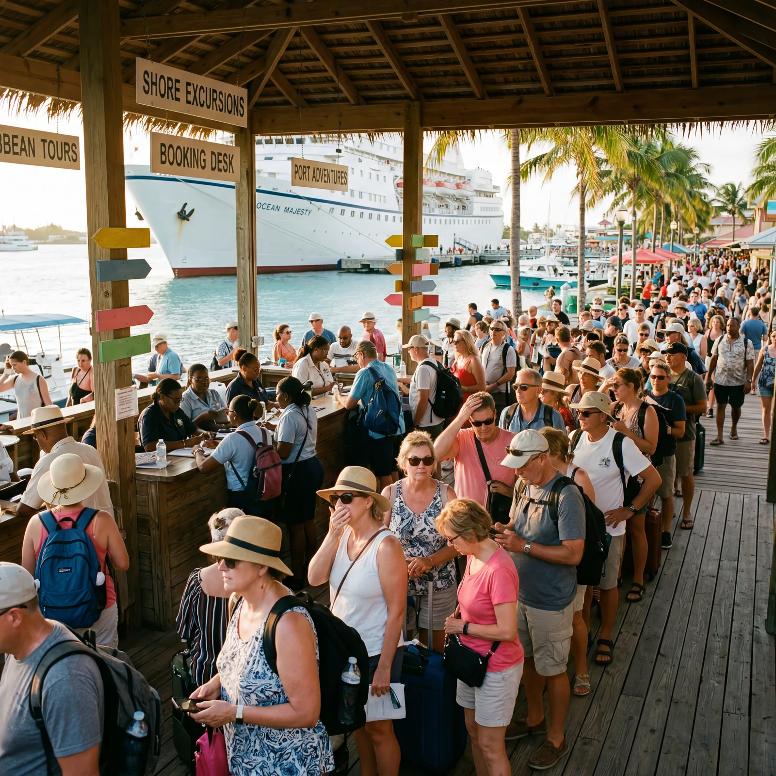 Realistic editorial photo of cruise excursion desk with brochures, passenger lanyards, and staff counter under warm ship
