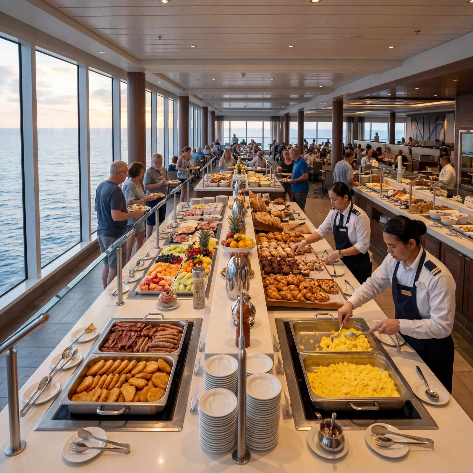Realistic editorial photo of cruise ship open deck at sunrise with railings, coffee cups, and ocean horizon, quiet morni