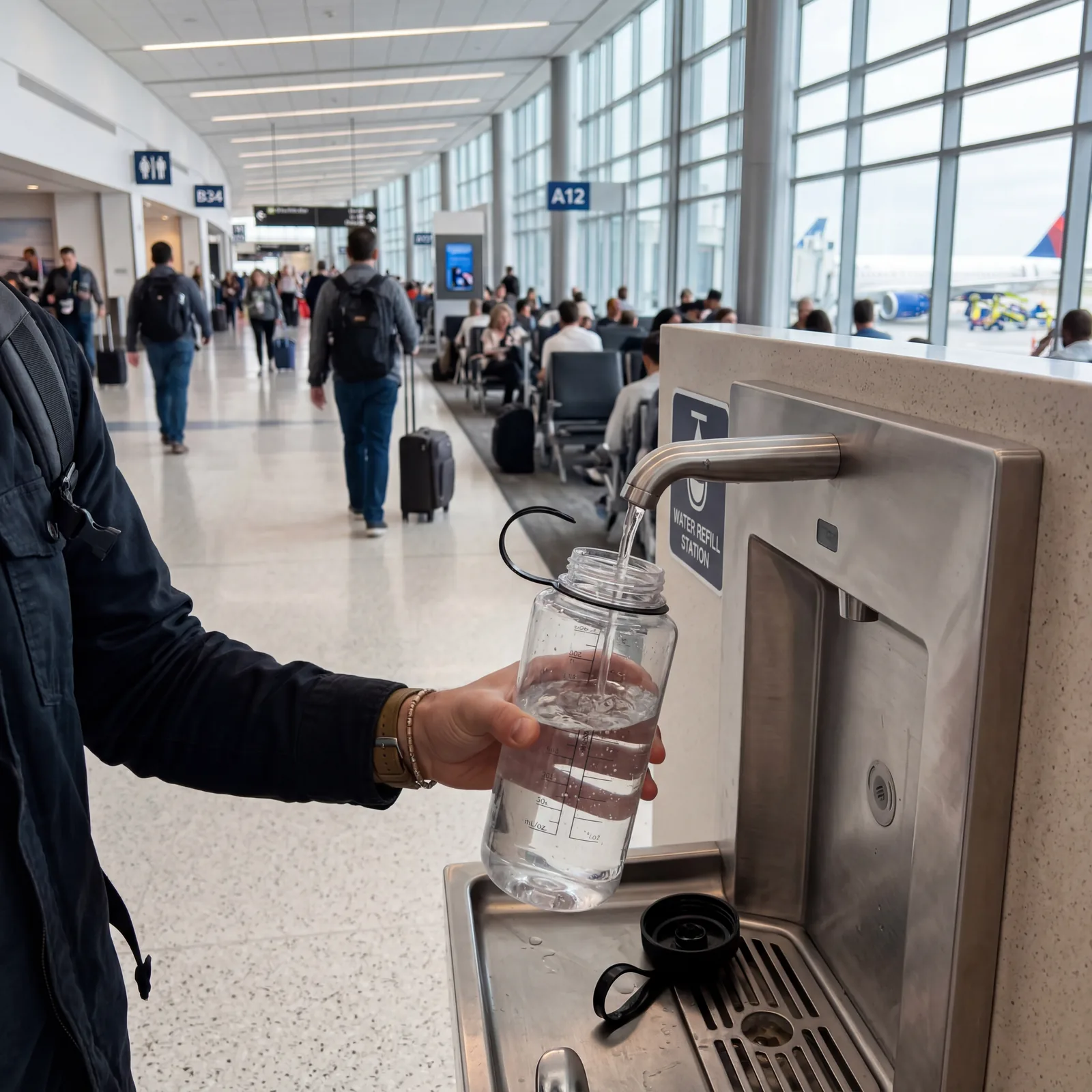 Clear reusable water bottle being filled at an airport water refill station, clean modern airport terminal, photorealistic, editorial travel photography, no text, no watermark, 16:9