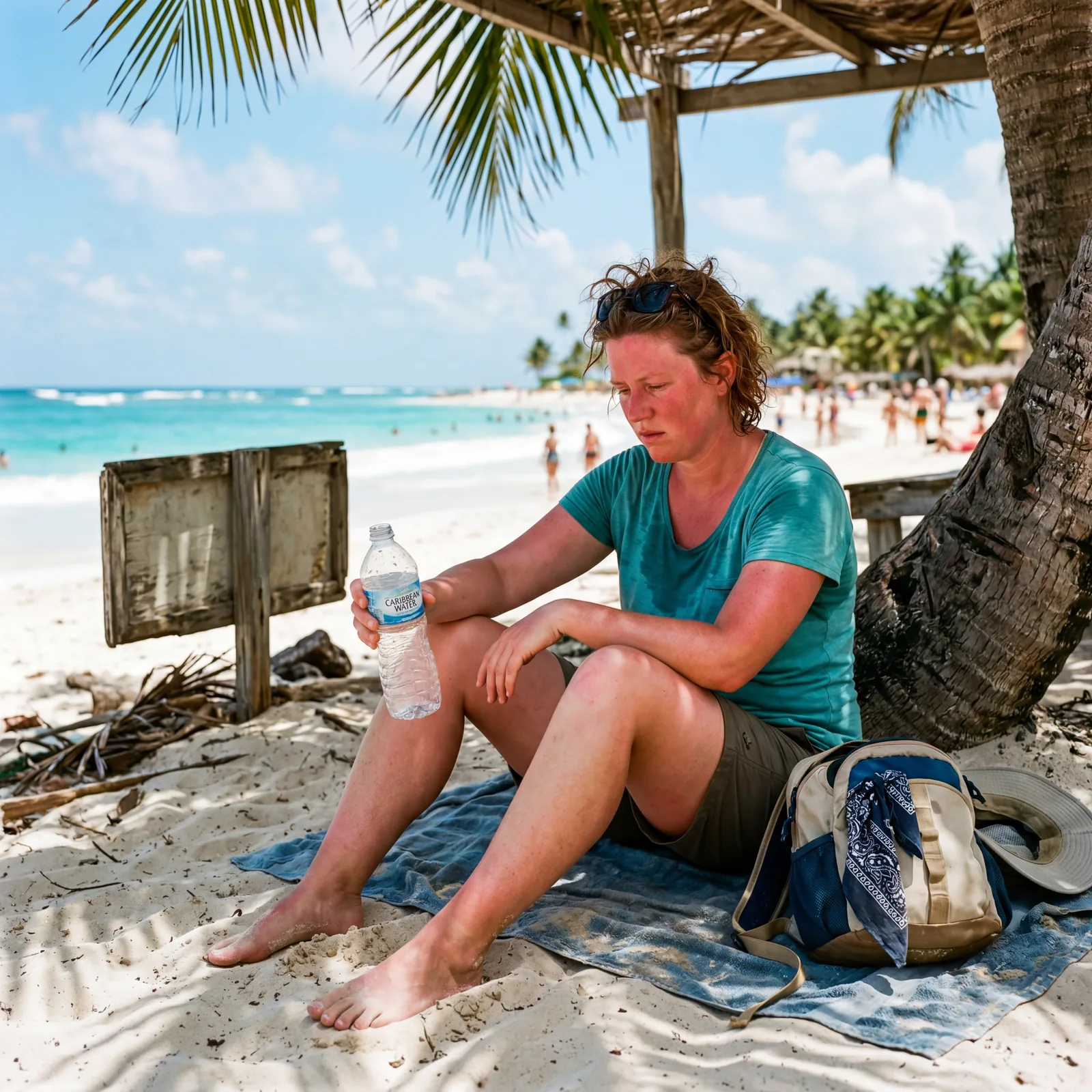 Realistic editorial photo of cruise excursion schedule with a long tour highlighted, small clock, water bottle, and sung