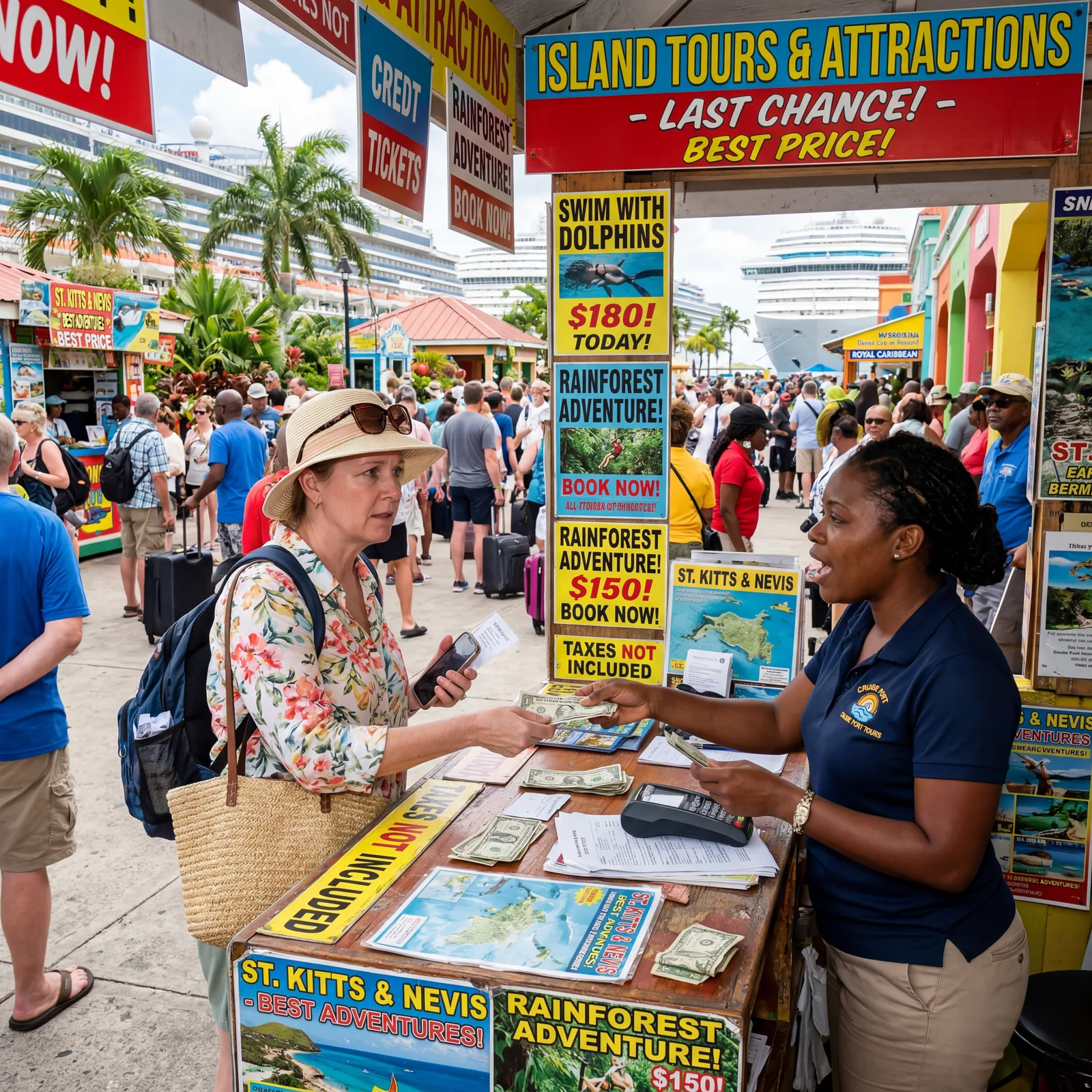 Realistic editorial photo of cruise port itinerary with one attraction circled, sunglasses and coffee beside it, calm pl
