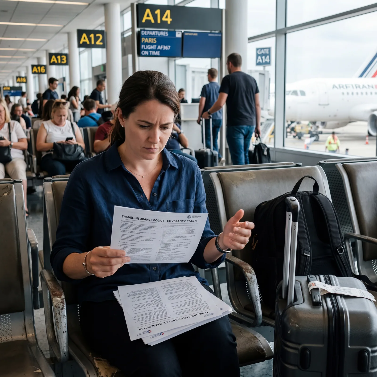 Traveler reviewing printed travel insurance policy document at airport gate, serious expression, luggage beside them, photorealistic, editorial travel photography, no text, no watermark, 16:9