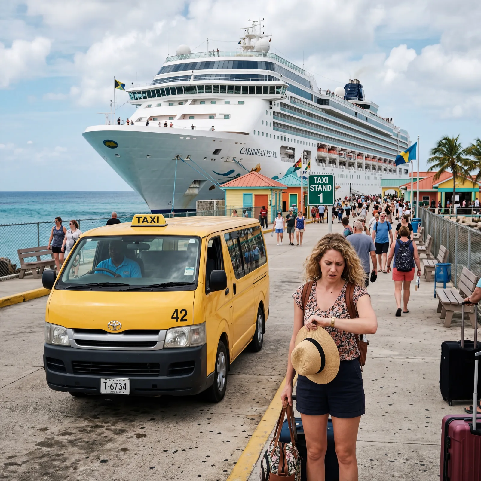 Realistic editorial photo of cruise passengers checking a watch near a sunny port taxi stand with ship in background, do
