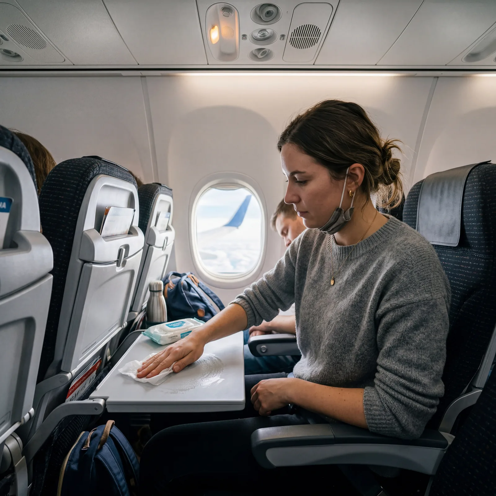 Traveler using an antibacterial wet wipe to clean airplane tray table, window seat, overhead light on, photorealistic, editorial travel photography, no text, no watermark, 16:9