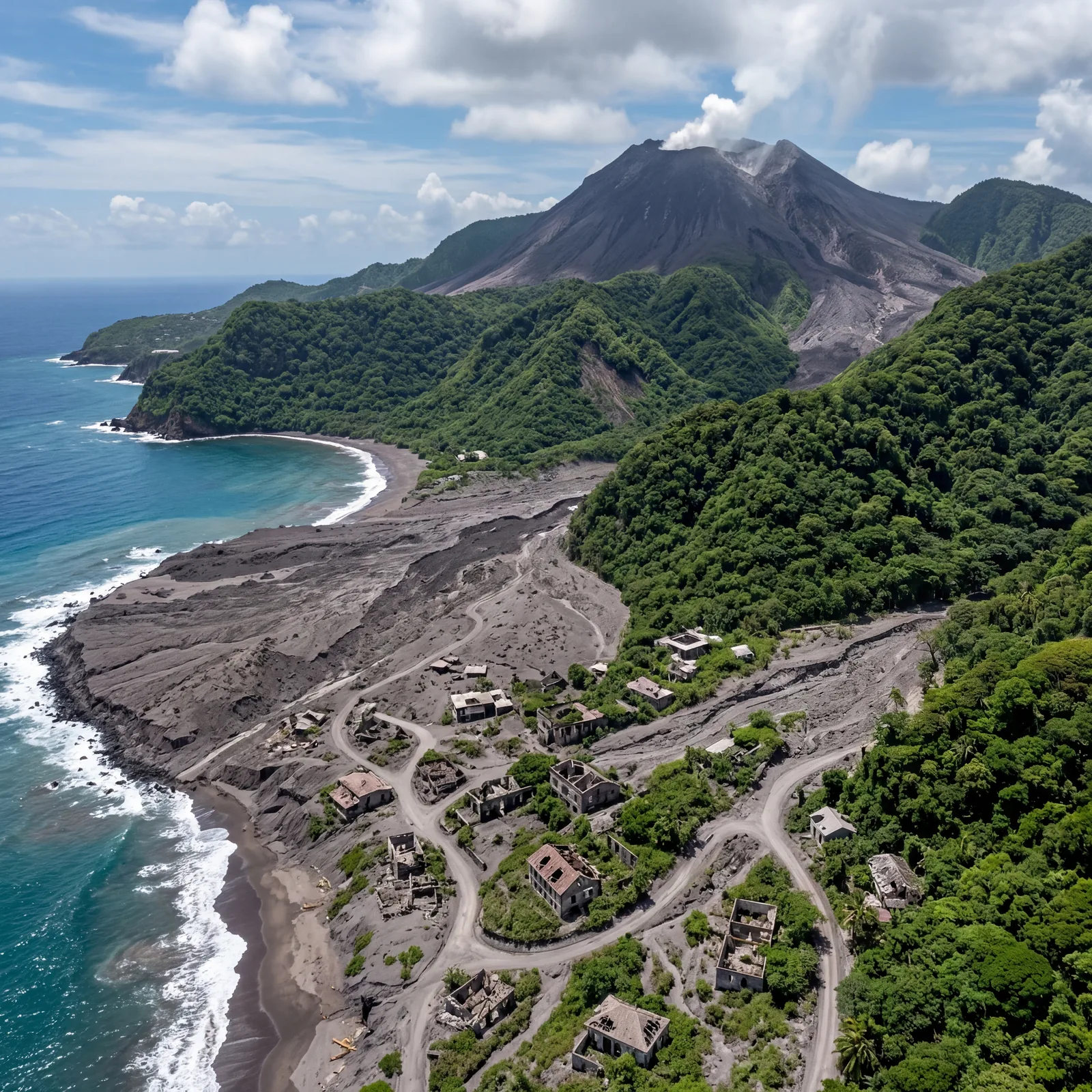 Montserrat Caribbean island with volcanic ash landscape meeting lush green jungle edge, abandoned buildings visible, photorealistic, no text, no watermark, 16:9