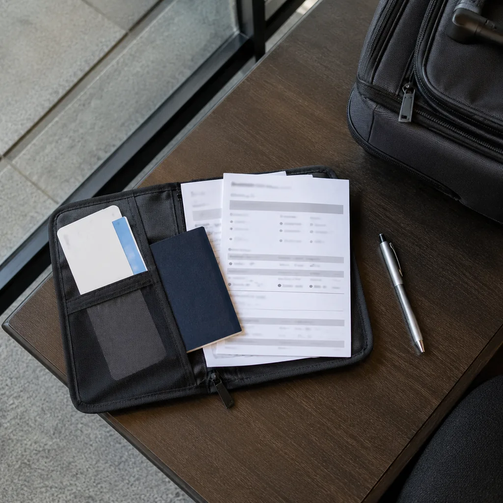 Travel document pouch with passport and printed itinerary copies on an airport table