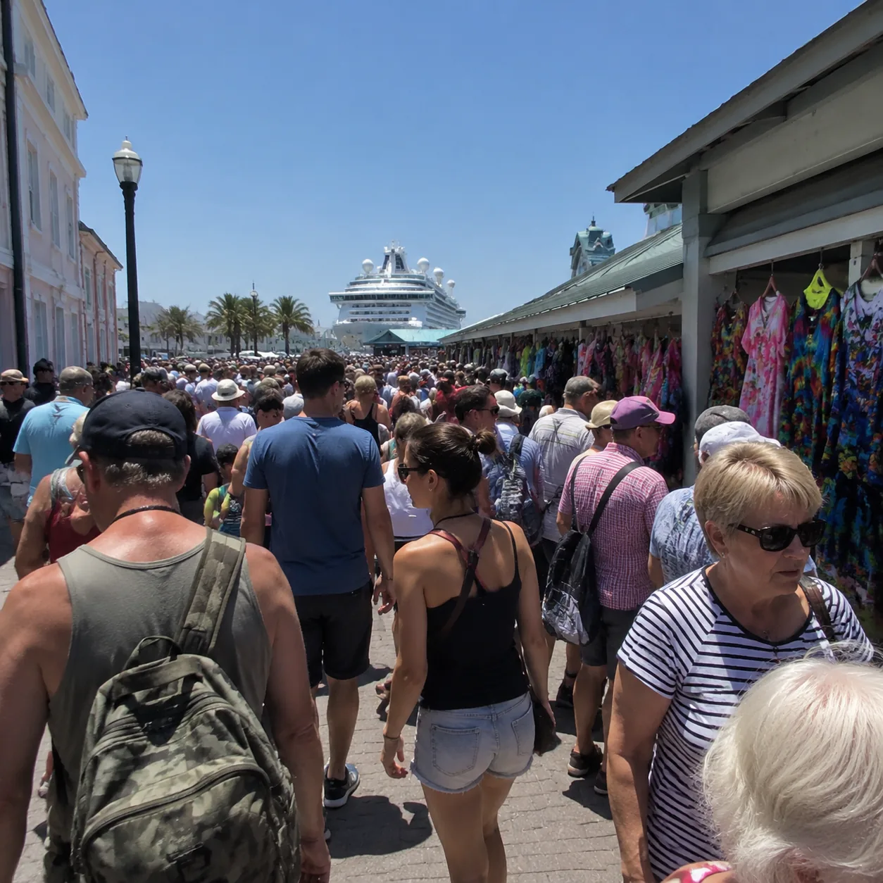 Overcrowded cruise port street in Nassau Bahamas with tourists, souvenir stalls, harsh midday sun, realistic travel phot