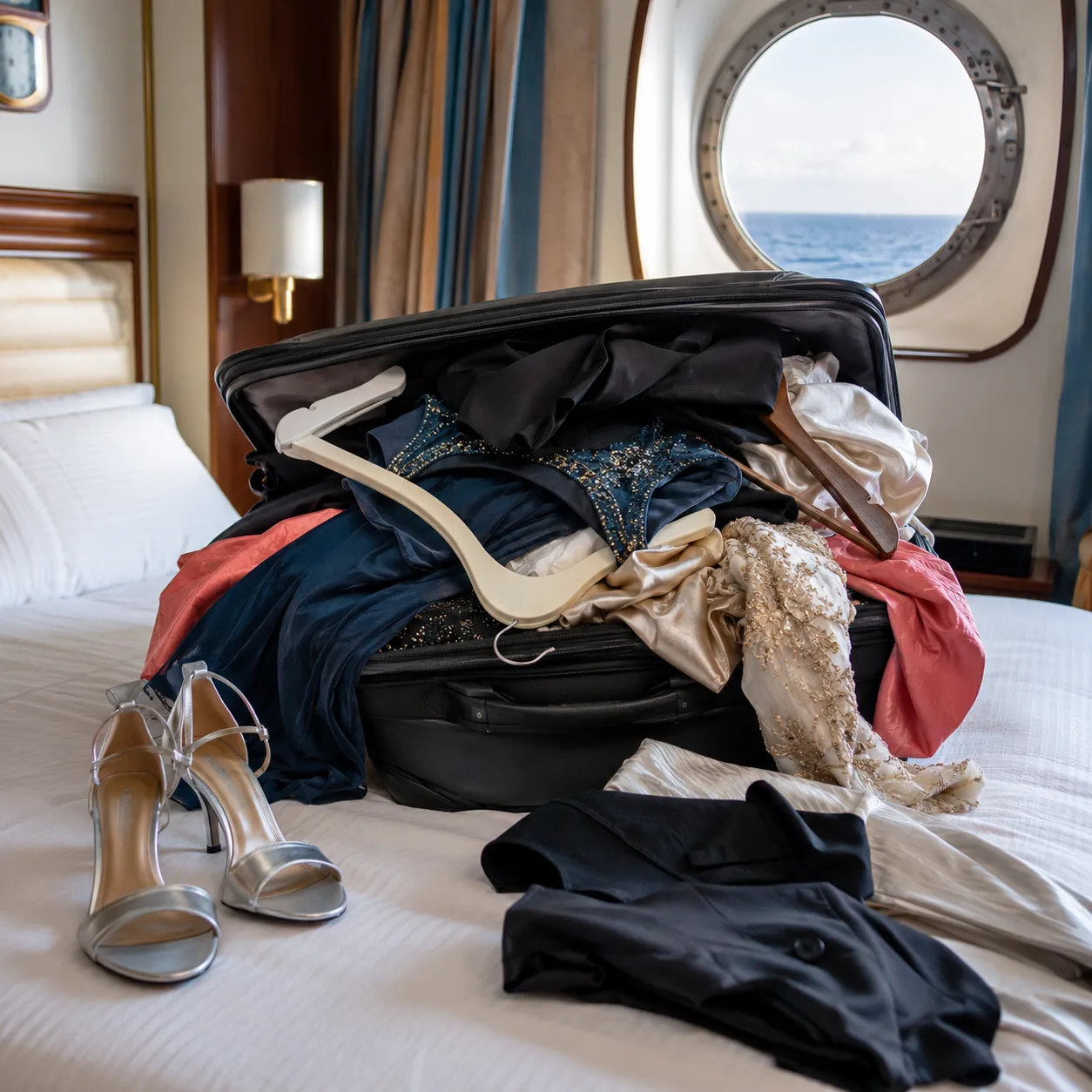 Realistic editorial photo of cruise dinner clothes, comfortable shoes, packing cubes, and daily planner on a bed, soft c