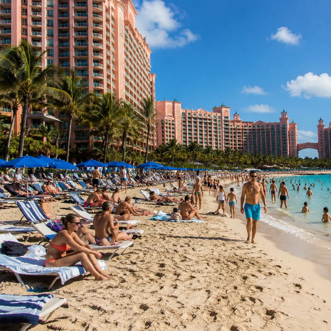 Crowded resort beach on Paradise Island Bahamas with high rise hotel towers and rows of loungers, harsh afternoon light