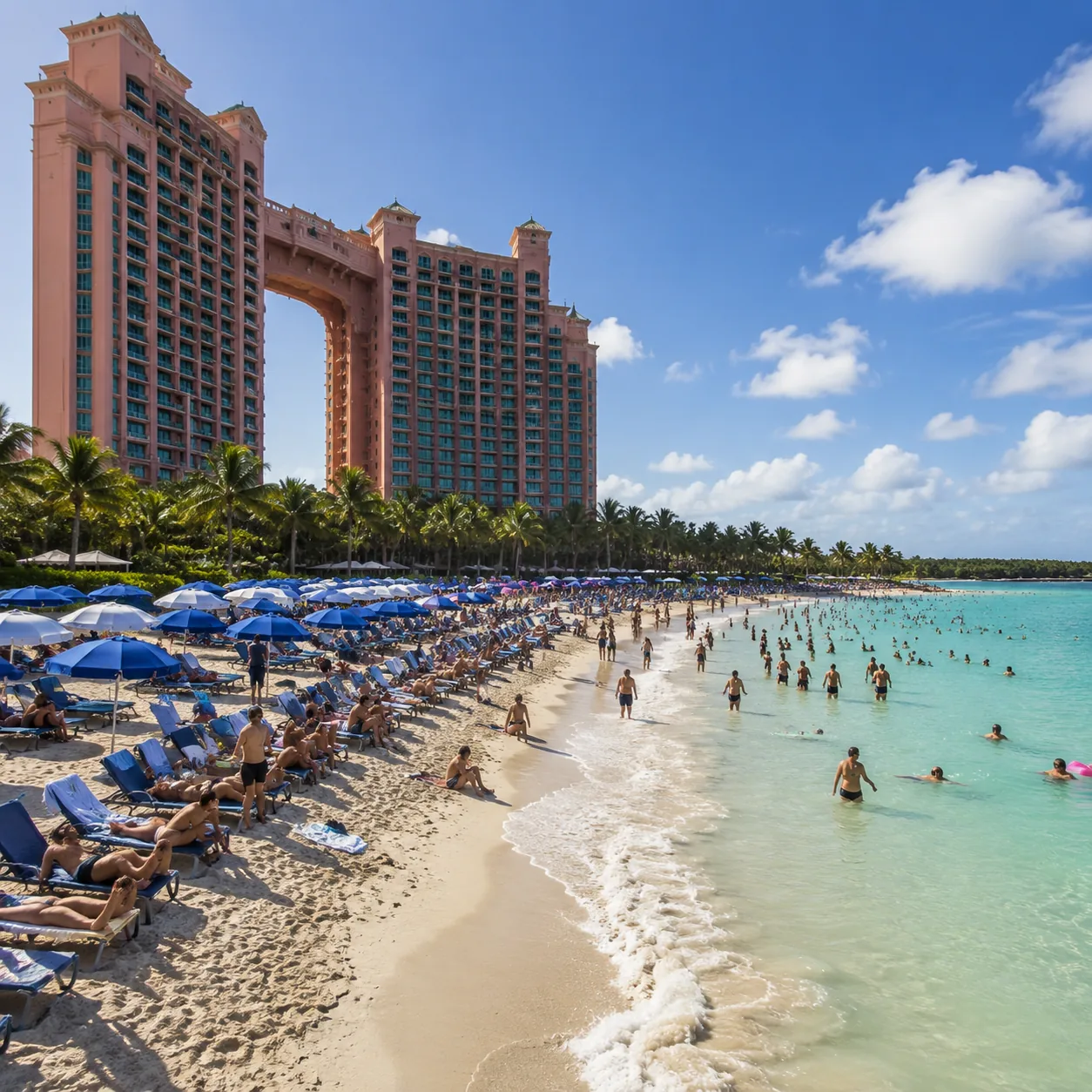 Tall beachfront all-inclusive hotel on Paradise Island Bahamas beside a busy public beach, packed loungers, harsh tropic
