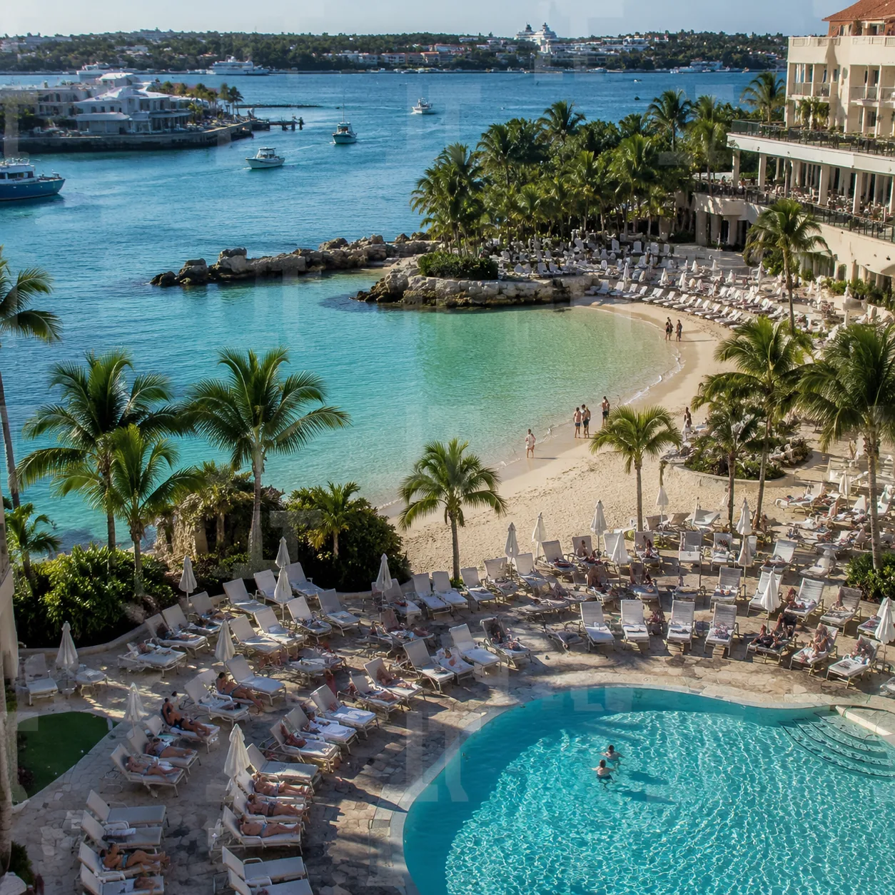 Adults-only harbourfront resort in Paradise Island Bahamas, small lagoon beach, hotel pool chairs close together, Nassau