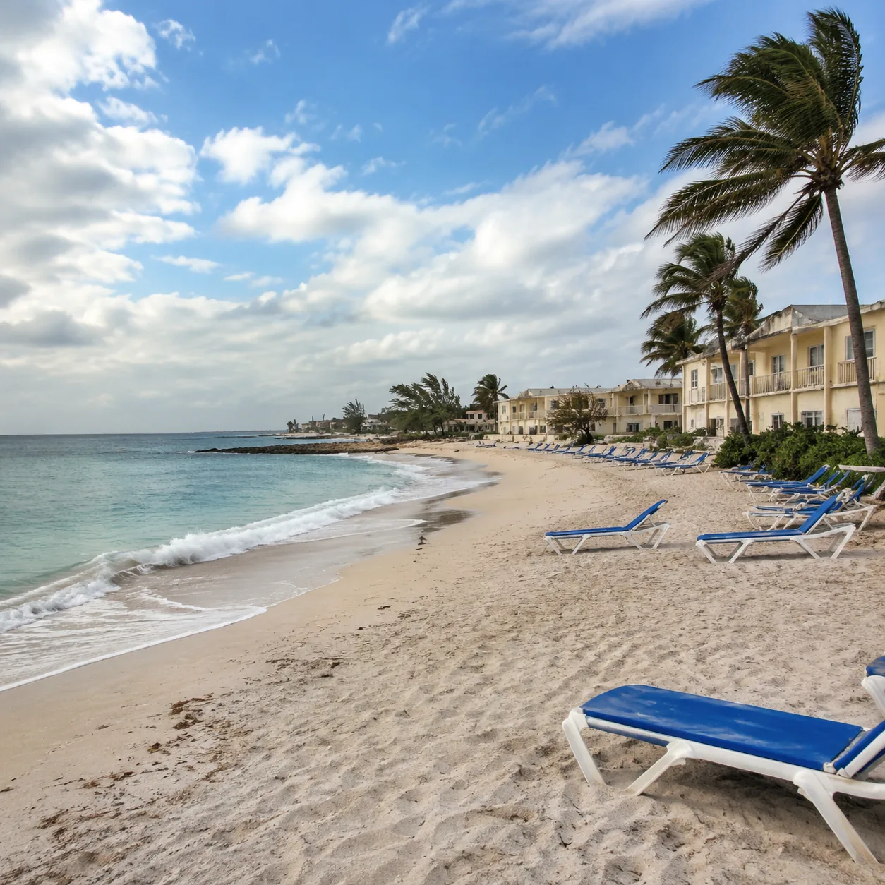 Large casual all-inclusive beach resort in Freeport Grand Bahama, faded low-rise buildings, windy beach, scattered loung