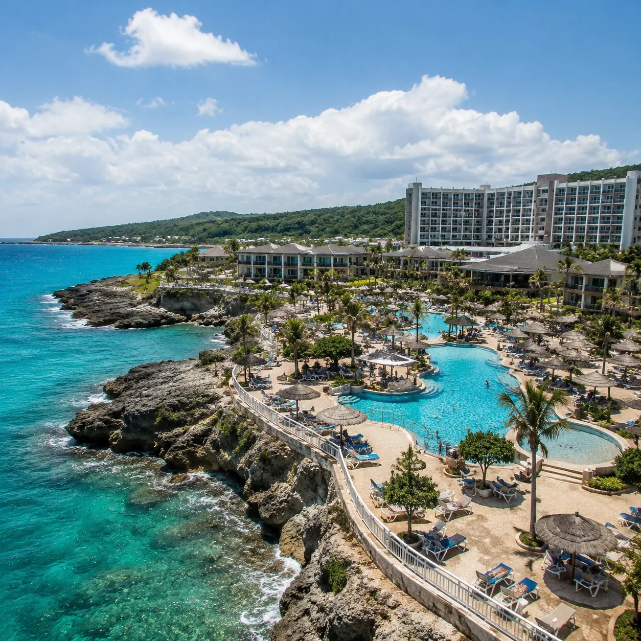 Square travel photo of a sprawling Jamaica resort on a rocky shoreline, large pool deck, crowded loungers, distant hotel