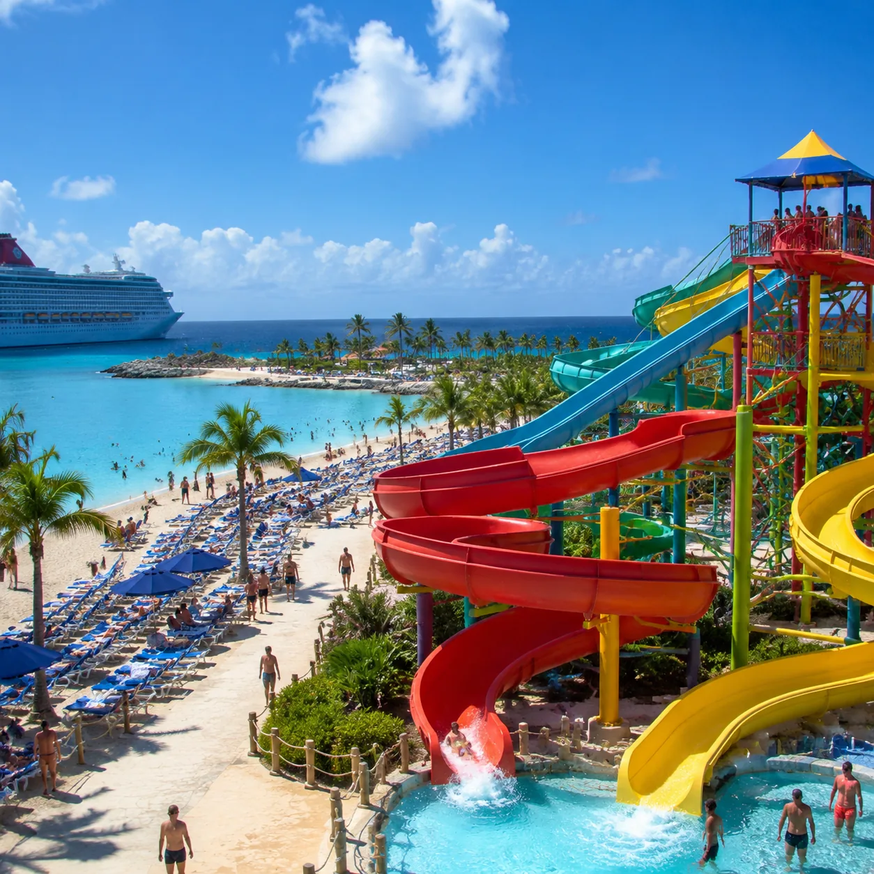 Private cruise island water park in the Bahamas with bright slides, beach chairs, cruise ship in background, crowded sun
