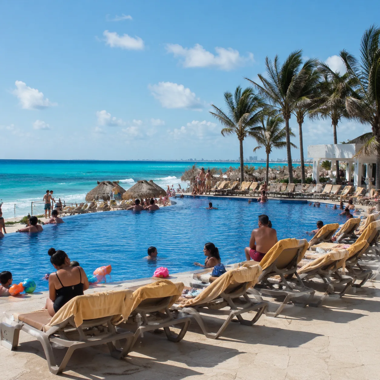 Square editorial photo of a busy Cancun Hotel Zone all-inclusive pool area, compact beachfront, towel-covered loungers, 