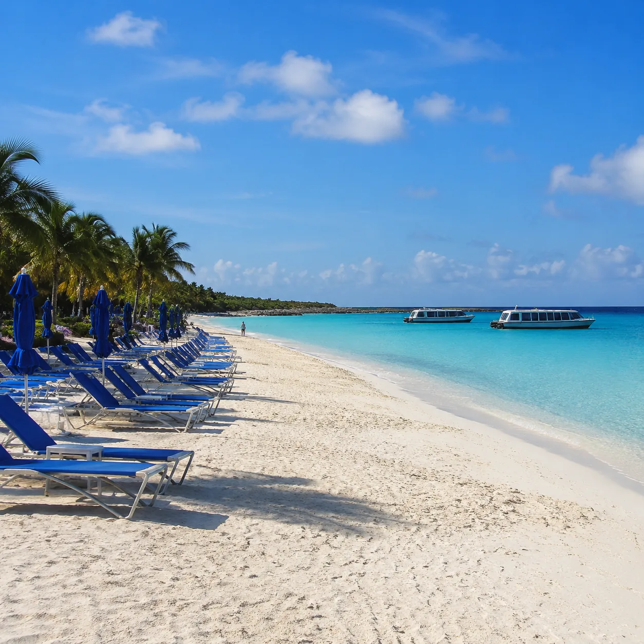 Private cruise beach on Half Moon Cay Bahamas with rows of loungers and tender boats offshore, bright tropical light