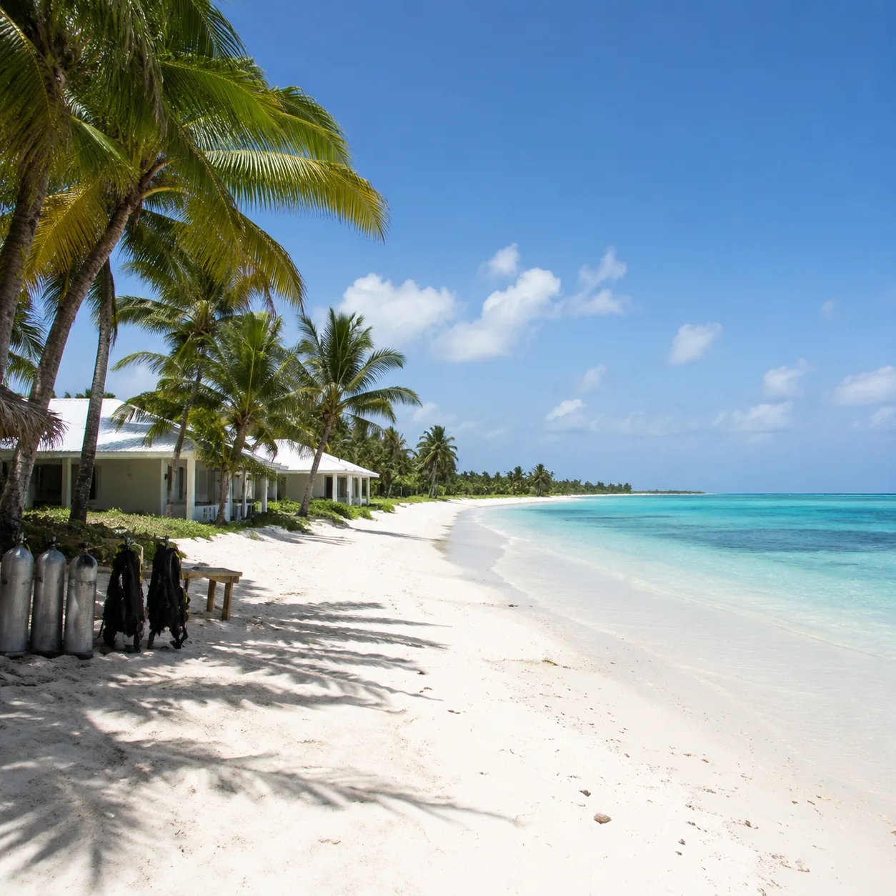 Remote white beach at Club Med style resort on San Salvador Bahamas, simple low-rise buildings, dive gear near palm tree