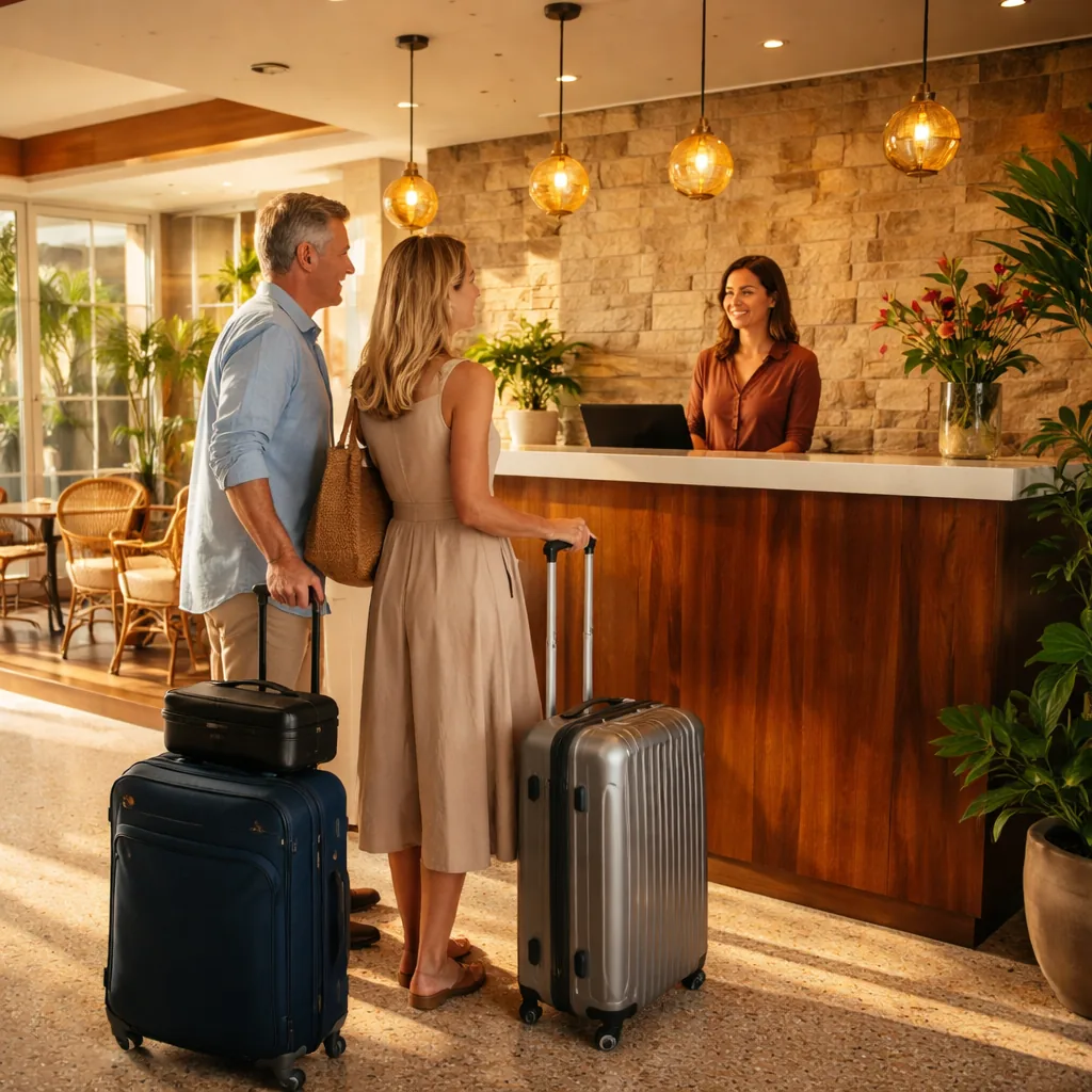 Realistic editorial photo of laptop inbox with generic travel email preview, cruise documents, and coffee cup on hotel d