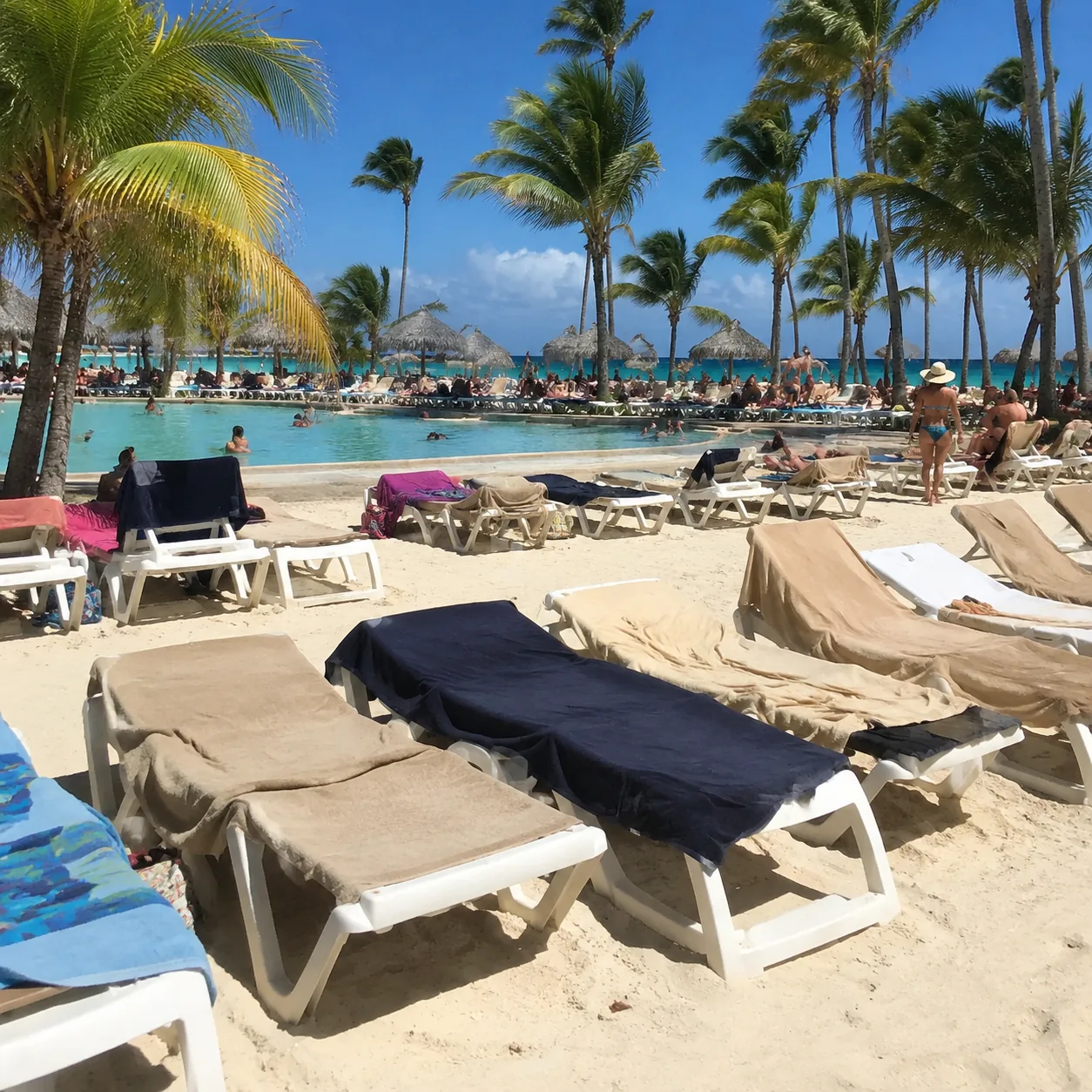 Square photo of an all-inclusive resort beach in Punta Cana with guests saving chairs using towels, busy sand, modest po