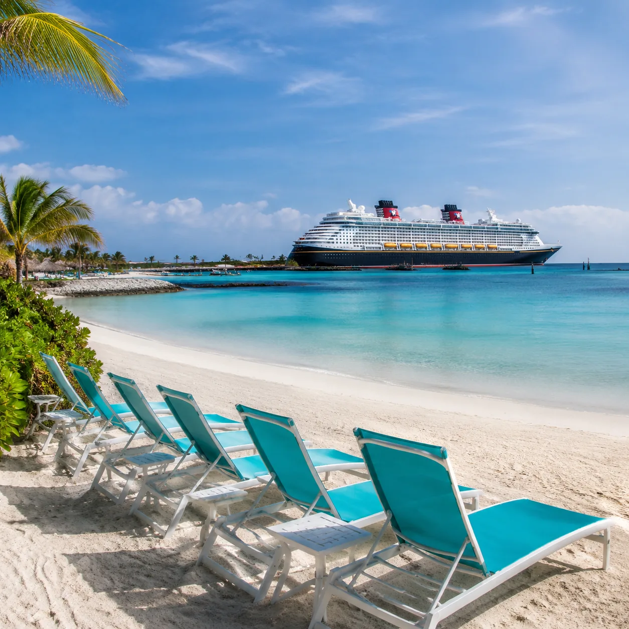 Family cruise beach on Castaway Cay Bahamas with tidy loungers, calm water, docked cruise ship far behind