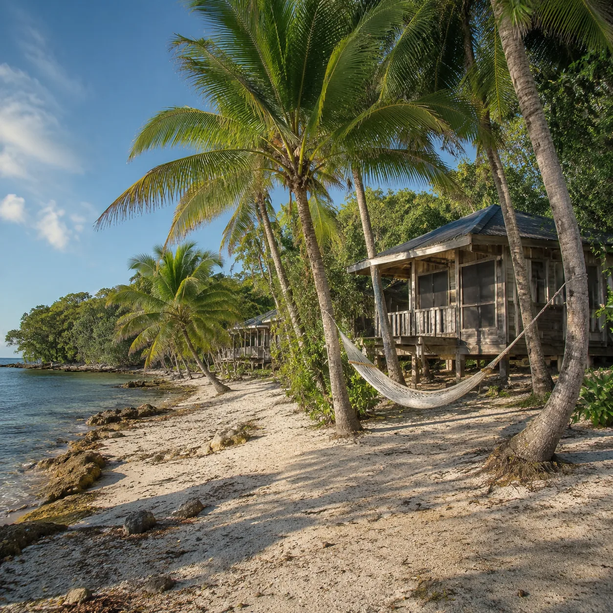 Rustic beachfront cabins at an eco lodge on Andros Island Bahamas, hammocks under palms, simple wooden lodge, quiet natu