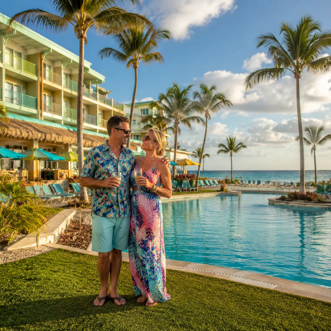Realistic editorial photo of Caribbean hotel balcony with partial ocean view blocked by palm trees and roofline, suitcas