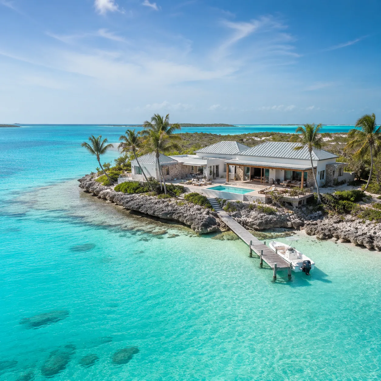 Private island villa in the Exuma Cays Bahamas with a small boat at a dock, bright turquoise water, remote luxury but no