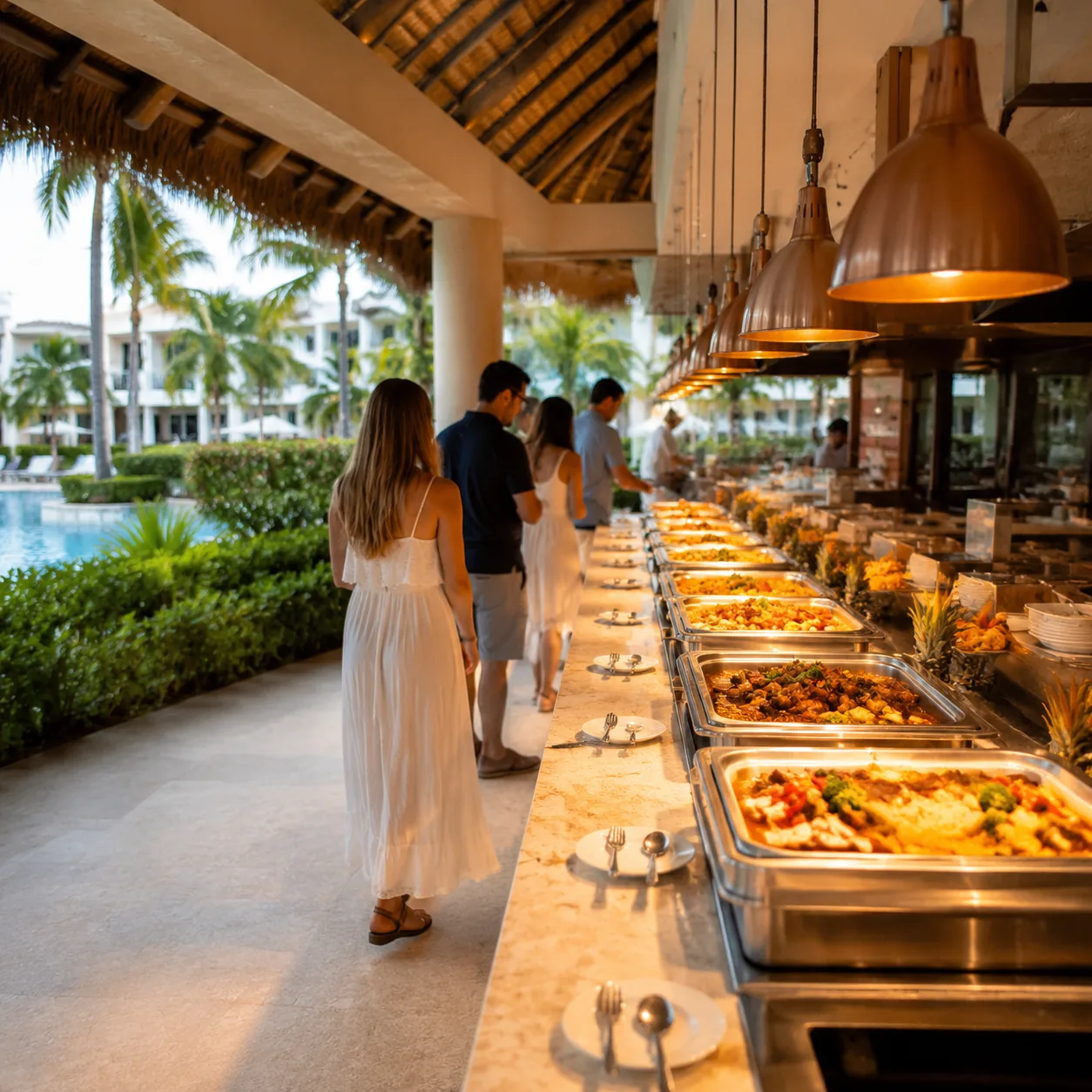 Square photo of a polished Punta Cana all-inclusive buffet area, pretty resort grounds outside, food trays under warm li