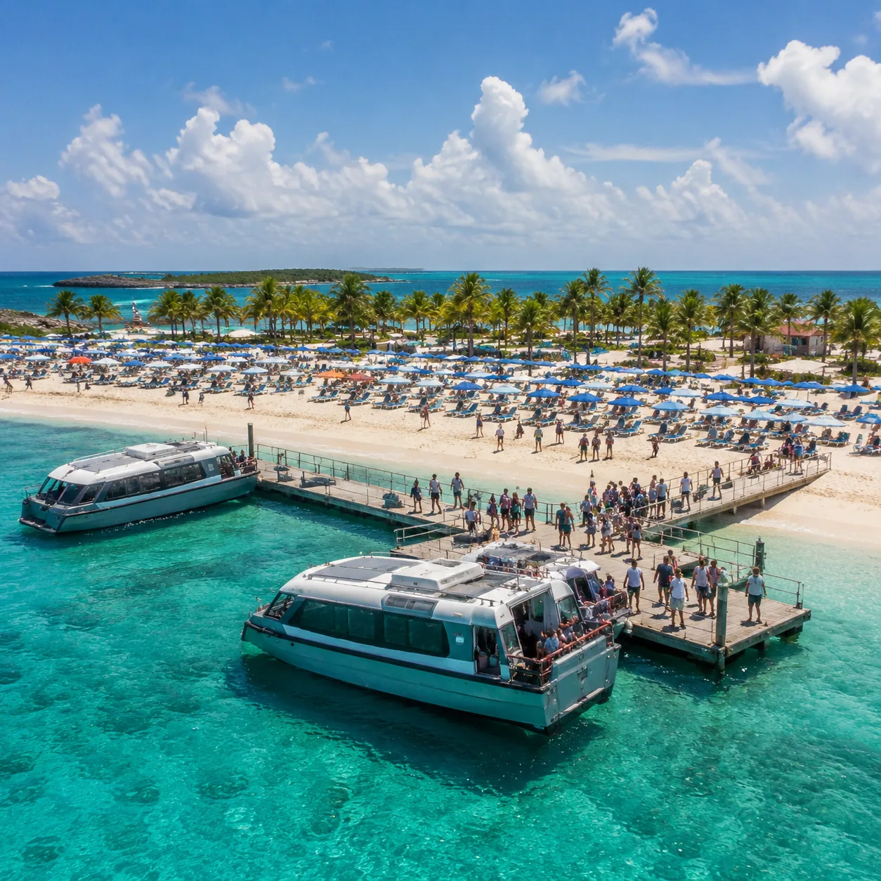 Tender boats and cruise passengers on Great Stirrup Cay Bahamas private island beach, rows of umbrellas, midday sun