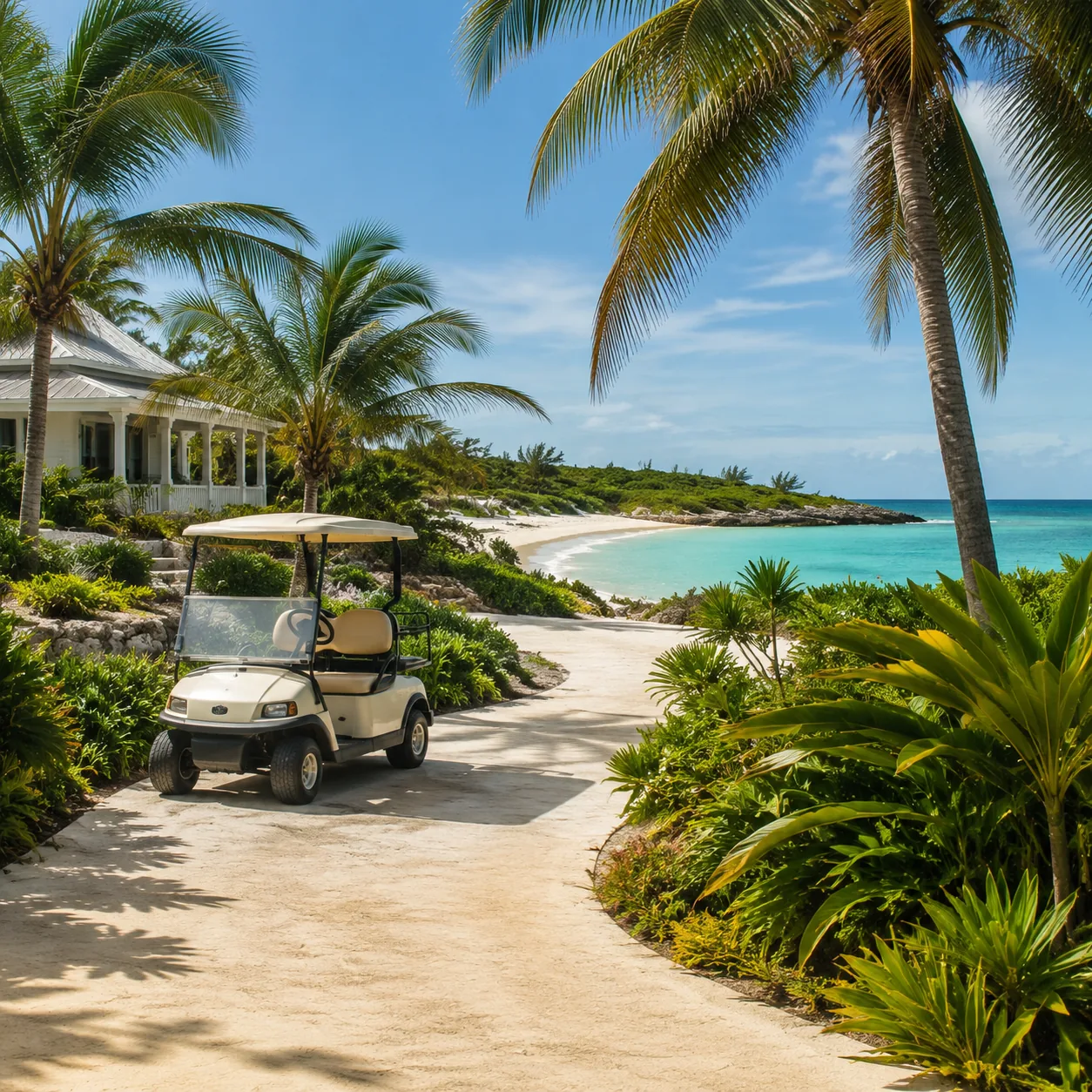 Elegant private island resort path on Andros Bahamas, golf cart near palms, quiet beach beyond, upscale but isolated tro
