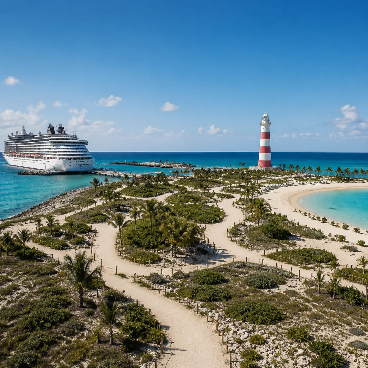 Ocean Cay MSC Marine Reserve Bahamas with lighthouse, cruise ship dock, clean beach paths, sparse vegetation