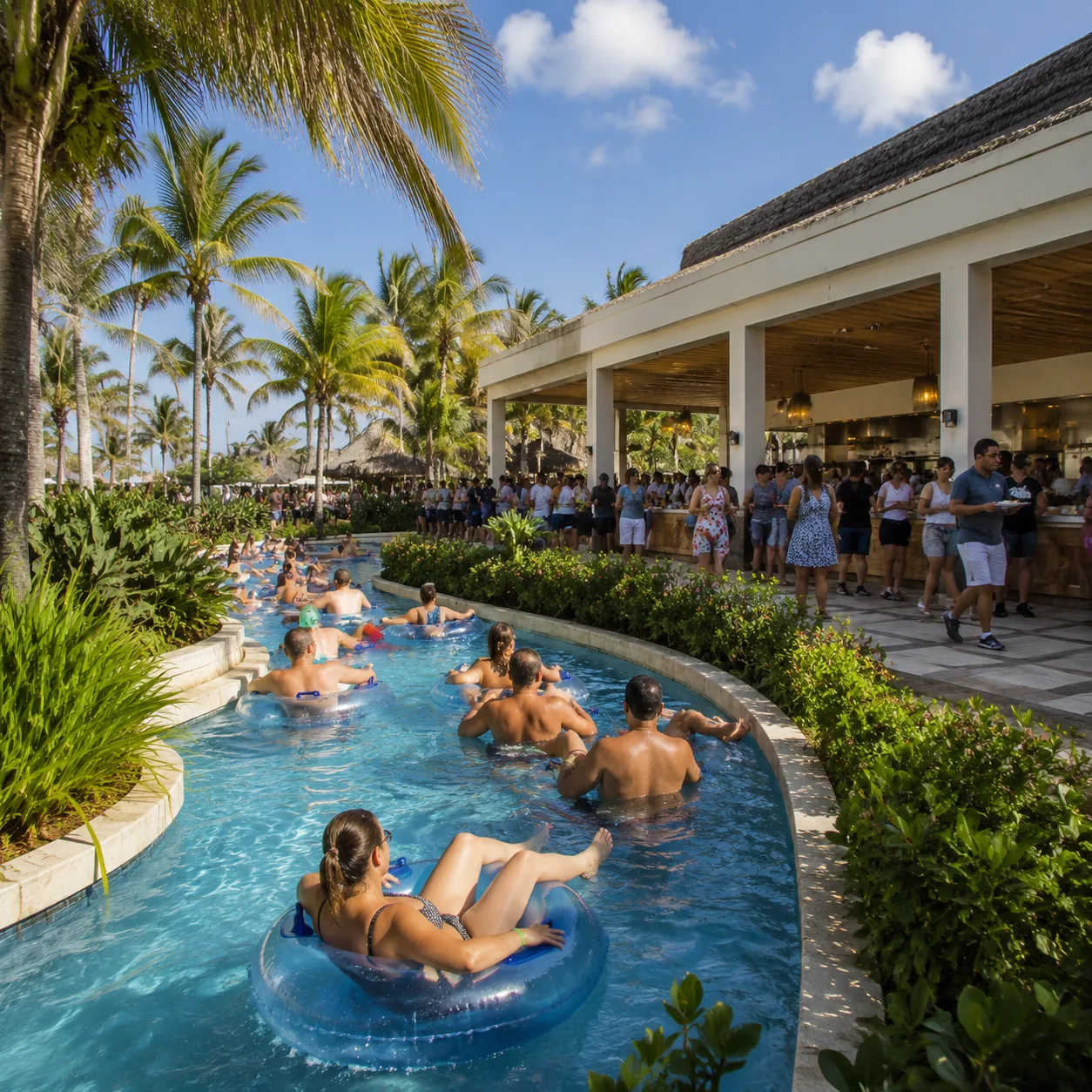Square documentary travel photo of a modern Punta Cana all-inclusive pool complex with crowded lazy river area, buffet e