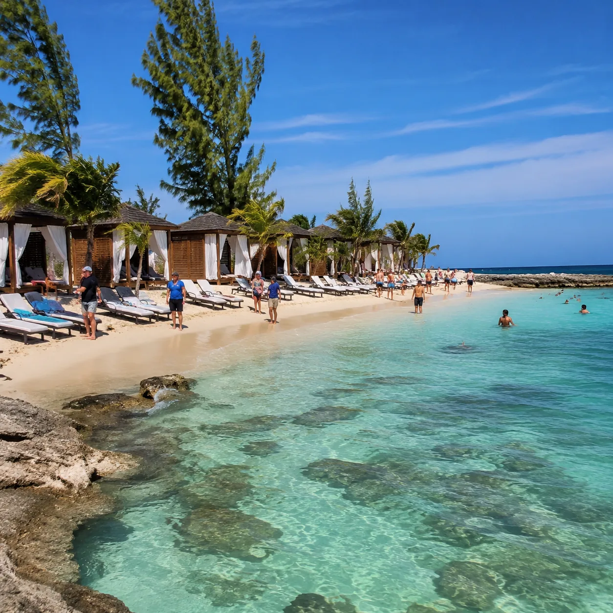 Private cruise beach area at southern Eleuthera Bahamas with cabanas, loungers, reef water, cruise visitors
