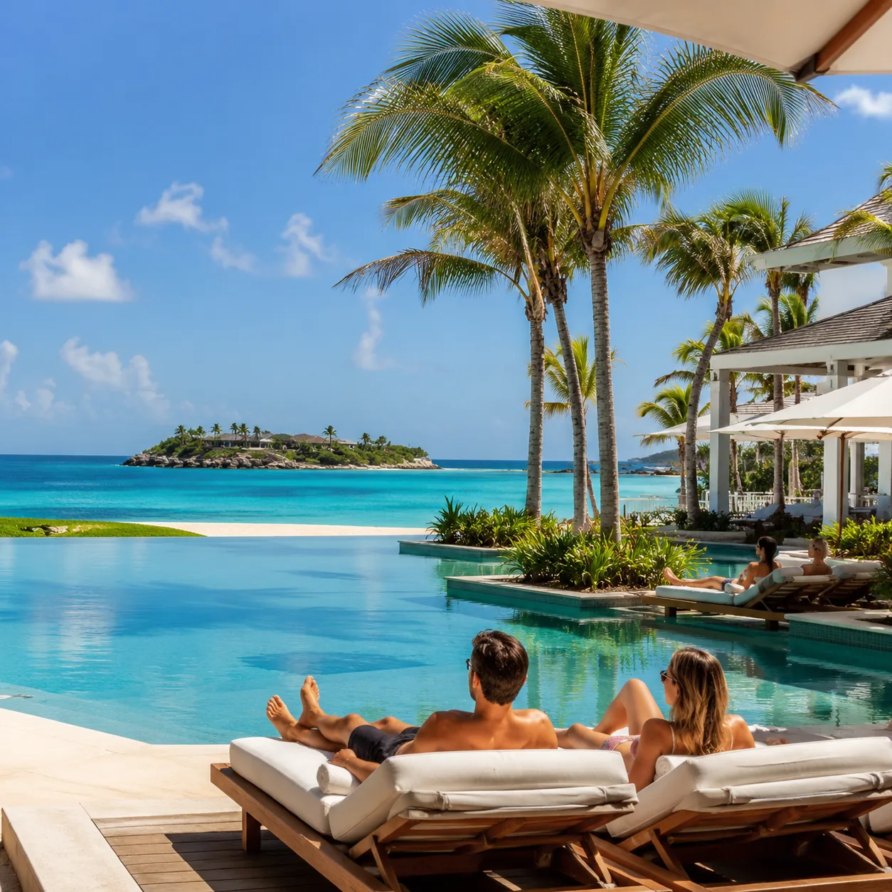 Upscale adults-only all-inclusive resort on Cable Beach Nassau Bahamas, manicured pool, couples on loungers, private off