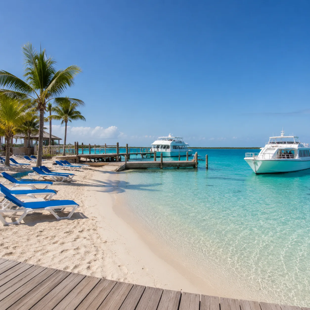 Small day trip cay near Nassau Bahamas with beach loungers, dock, shallow water, tour boats, sunny realistic scene