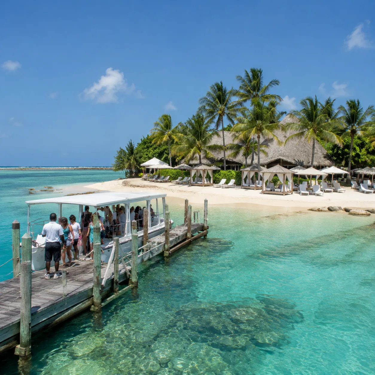 Small private offshore island beach near Nassau with resort loungers and cabanas, boat arriving from a mainland hotel, b