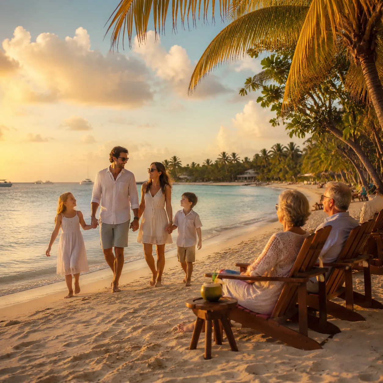 Realistic editorial photo of Caribbean resort beach chairs with towels, small reservation cards, and crowded sand near t