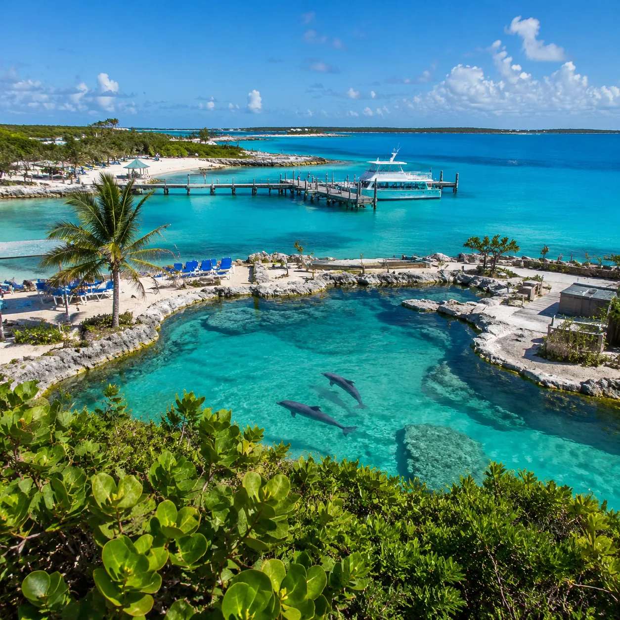 Blue Lagoon Island Salt Cay Bahamas with dolphin facility lagoon, beach chairs, tour dock, bright midday light