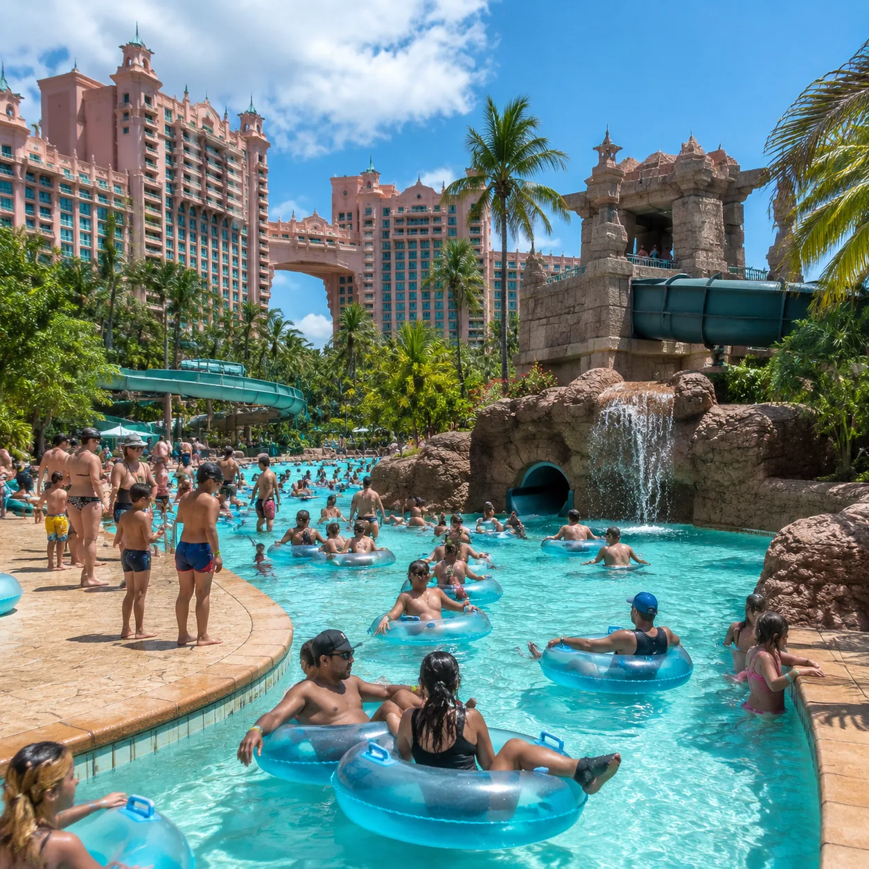 Crowded luxury waterpark in Paradise Island Bahamas with slides, lazy river, families wearing wristbands, large resort t
