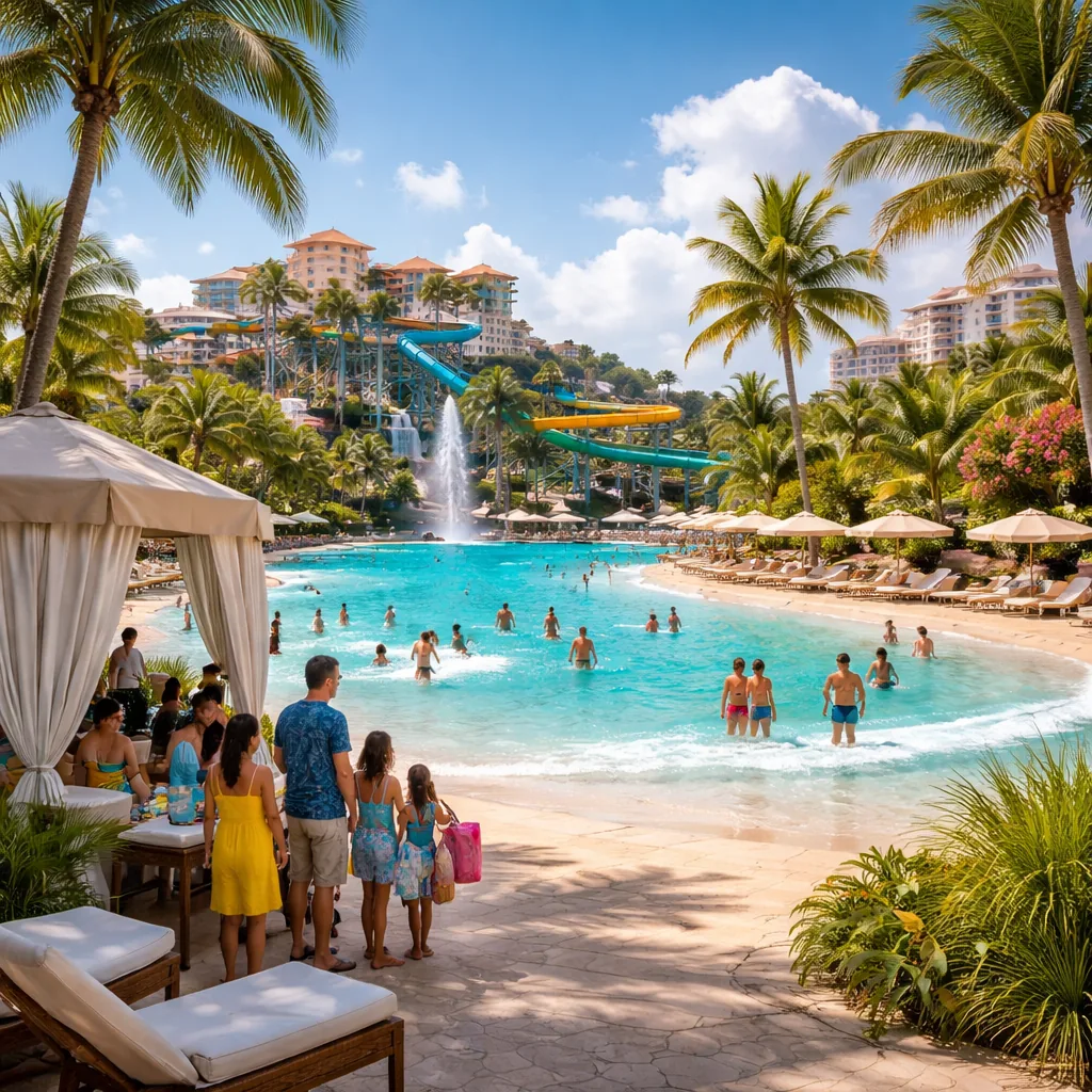 Baha Mar style luxury waterpark in Nassau Bahamas with wave pool, slides, lounge chairs, families waiting near cabanas