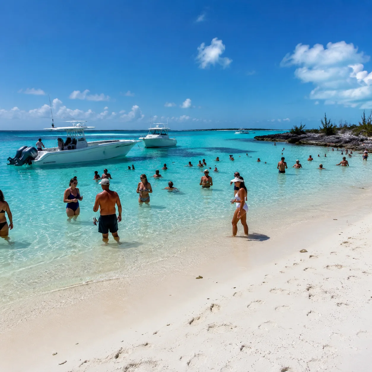 Rose Island Bahamas day trip beach with anchored boats, shallow turquoise water, groups of visitors, natural midday ligh